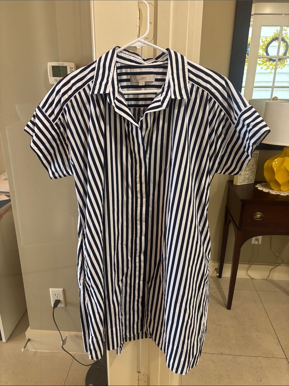 LOFT Navy and White Vertical Stripe Button-Front Shirt Dress